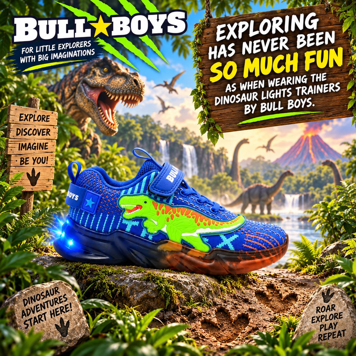 Bull Boys Royal Blue Light Up Flashing T-Rex Dinosaur Trainers Shoes