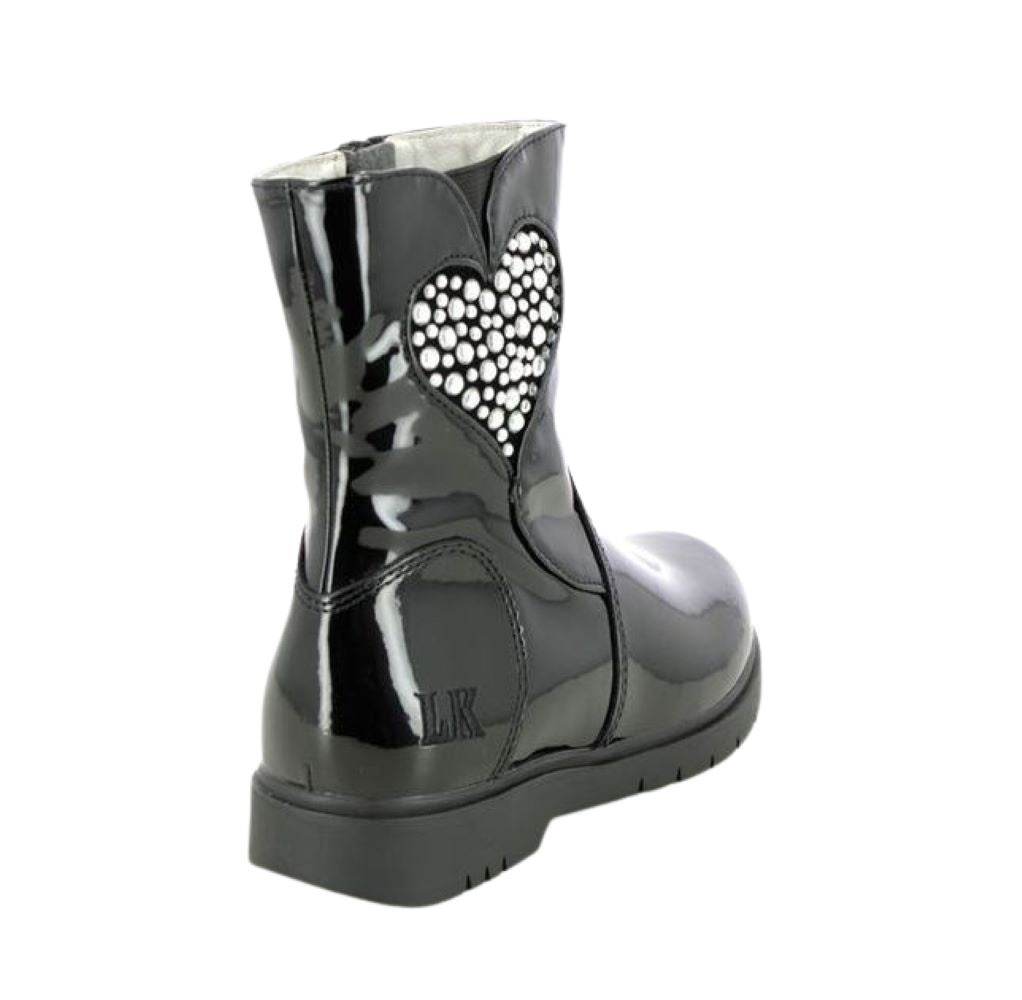 Lelli Kelly LK2324 (DB01) Marina Black Patent Leather Diamante Heart Boots