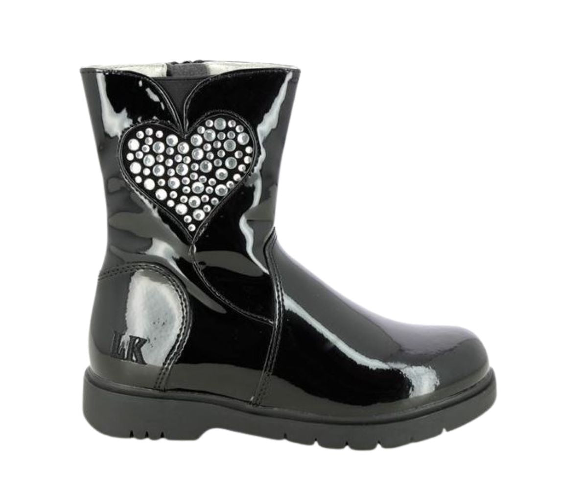 Lelli Kelly LK2324 (DB01) Marina Black Patent Leather Diamante Heart Boots