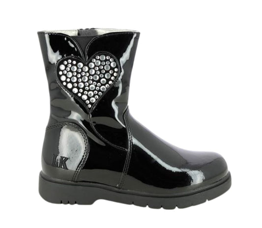 Lelli Kelly LK2324 (DB01) Marina Black Patent Leather Diamante Heart Boots