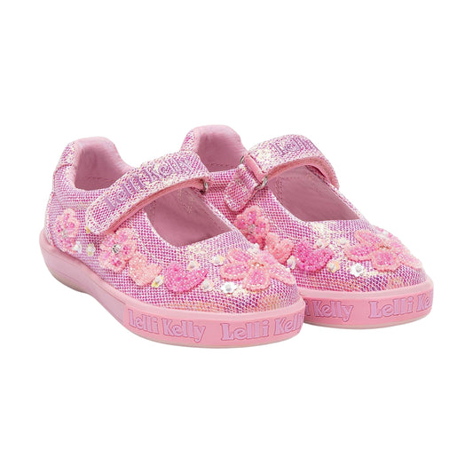 Lelli Kelly LK3484 (GC63) Rosie Hot Pink Glitter Flower Canvas Dolly Shoes