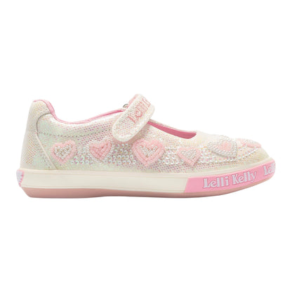 Lelli Kelly LK3494 (GA01) Aurora White Glitter Pink Heart Canvas Dolly Shoes