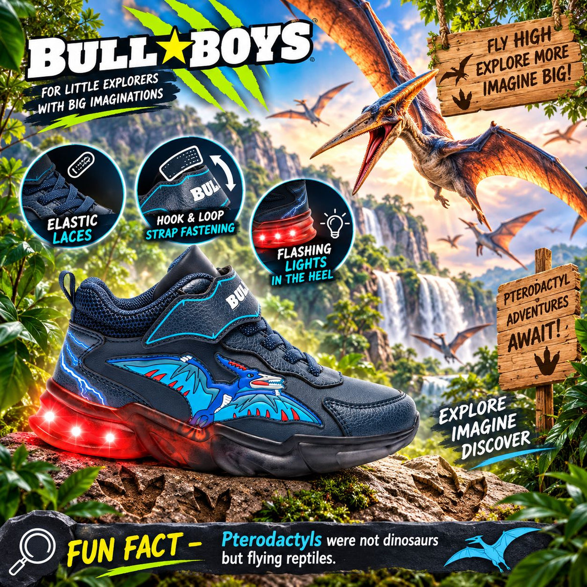 Bull Boys Mid Blue Pterodattilo Light Up Hi-Top Dinosaur Trainers DNAL3393 (AE01)