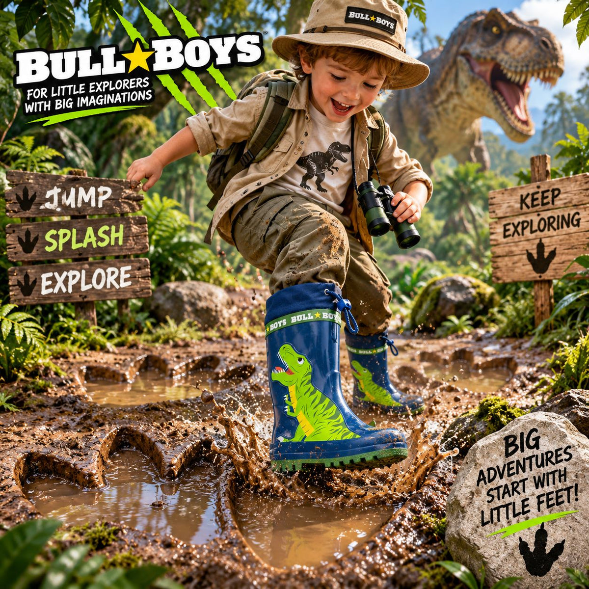 Bull Boys Blue Dinosaur Wellies Rainboot Toggle Top Boots DN3399 (AE01)