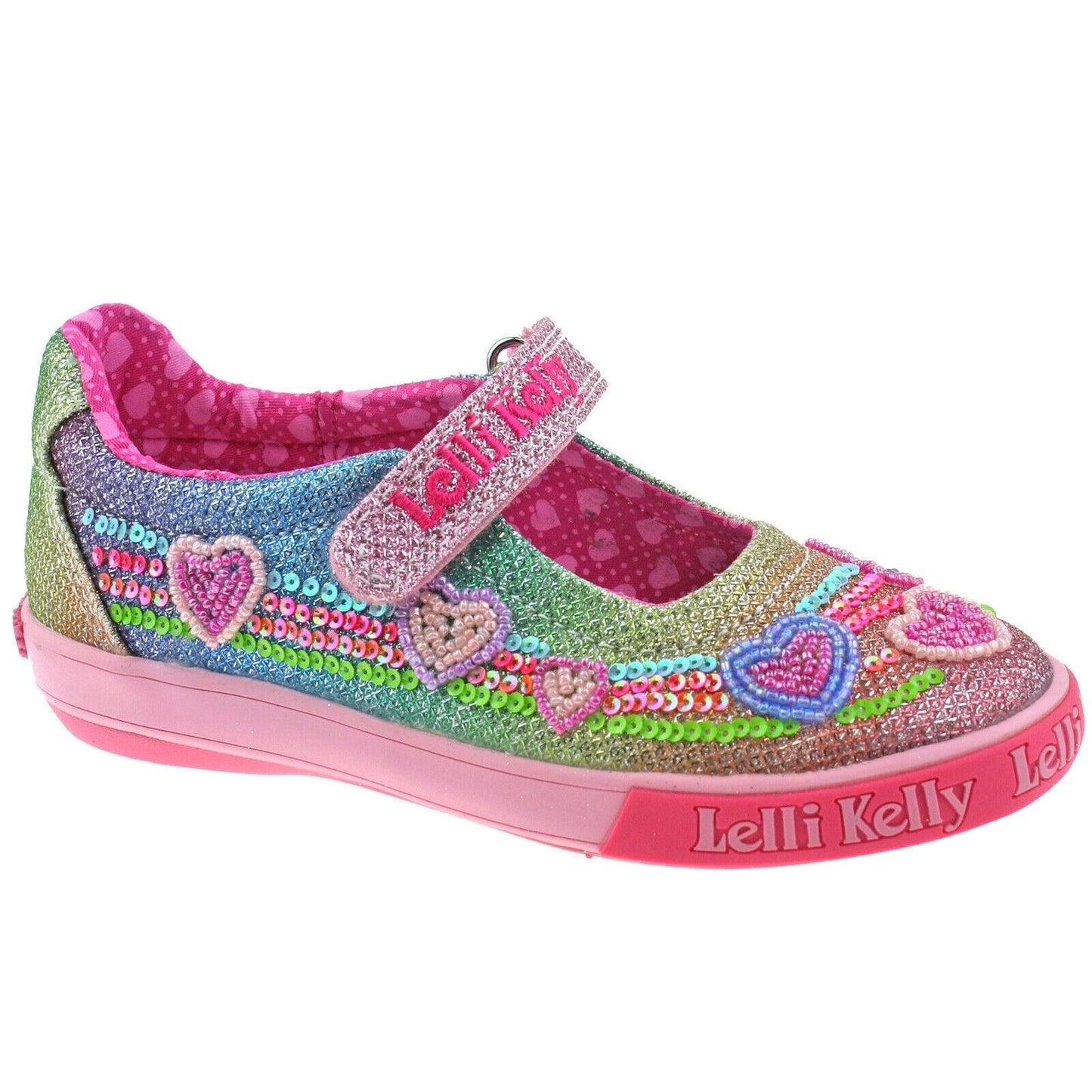 Lelli Kelly LK5072 (GX02) Multi Glitter Rainbow Hearts Adjustable Dolly Shoes