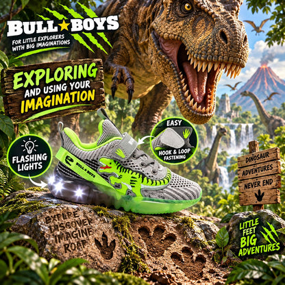 Bull Boys Grey/Green Light Up Flashing T-Rex Dinosaur Trainers Shoes